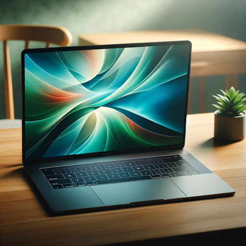 A sleek, modern laptop with a glossy screen, open on a minimalist desk. The desk is wooden, clean, and there's a small potted plant to the side. Soft, ambient lighting creates a cozy atmosphere. The laptop screen displays a vibrant wallpaper with abstract geometric shapes in blue and green hues. The scene suggests innovation, productivity, and modern technology. The background is softly blurred, emphasizing the laptop and the work environment.